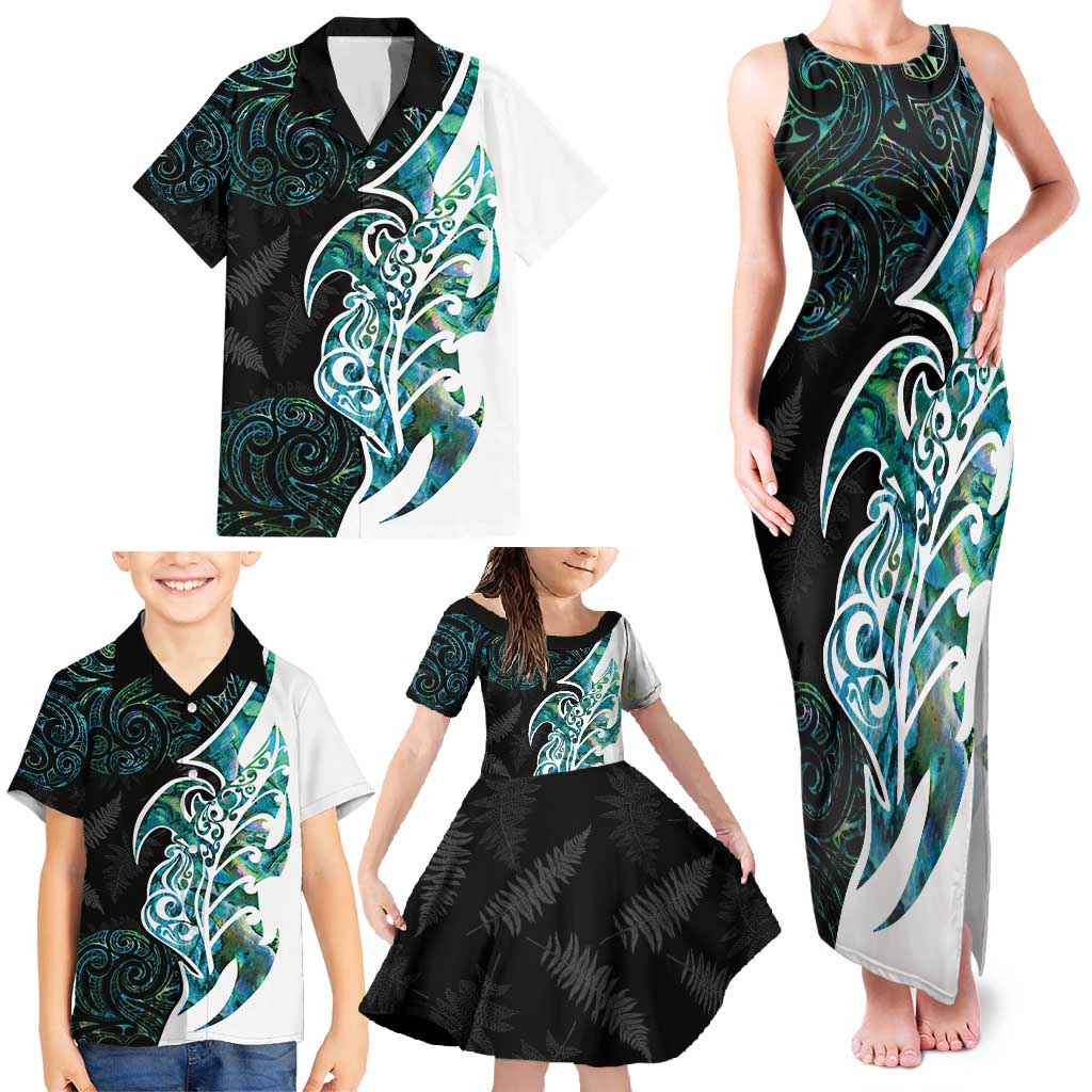 Proud Aotearoa Family Matching Tank Maxi Dress and Hawaiian Shirt Maori Silver Fern Mix Paua Shell Pattern