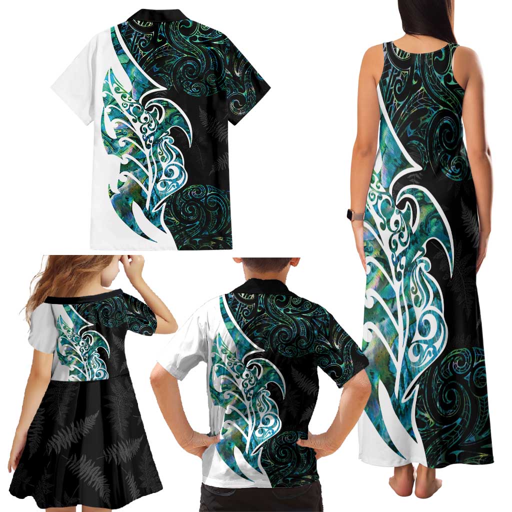 Proud Aotearoa Family Matching Tank Maxi Dress and Hawaiian Shirt Maori Silver Fern Mix Paua Shell Pattern