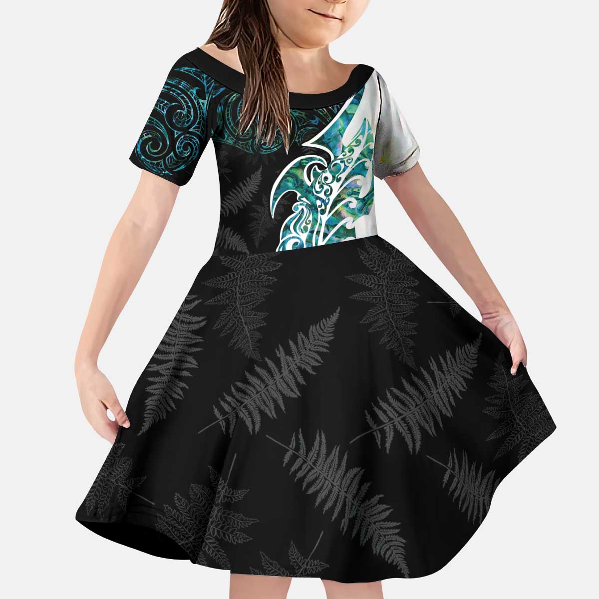 Proud Aotearoa Kid Short Sleeve Dress Maori Silver Fern Mix Paua Shell Pattern - Vibe Hoodie Shop