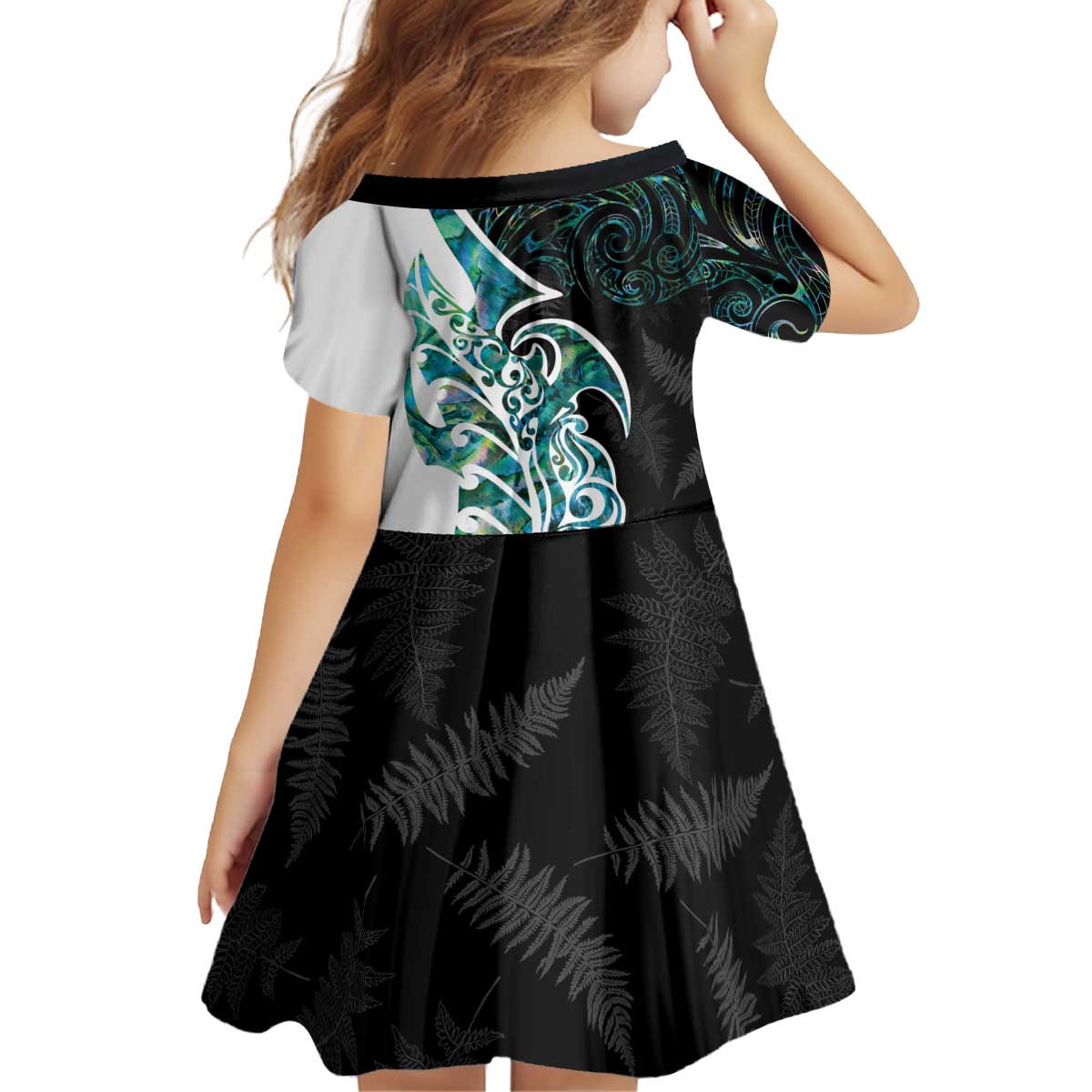 Proud Aotearoa Kid Short Sleeve Dress Maori Silver Fern Mix Paua Shell Pattern - Vibe Hoodie Shop