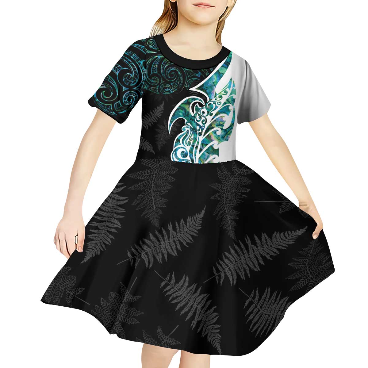 Proud Aotearoa Kid Short Sleeve Dress Maori Silver Fern Mix Paua Shell Pattern - Vibe Hoodie Shop