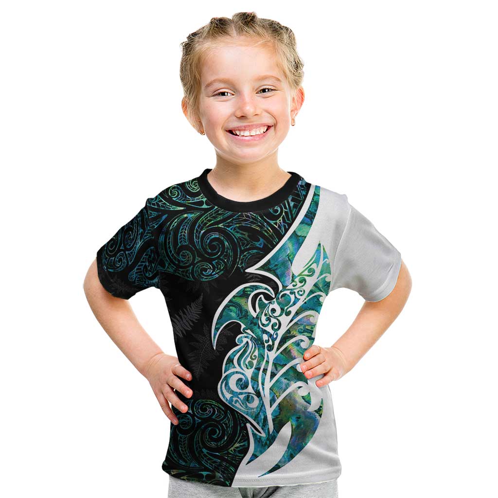 Proud Aotearoa Kid T Shirt Maori Silver Fern Mix Paua Shell Pattern - Vibe Hoodie Shop