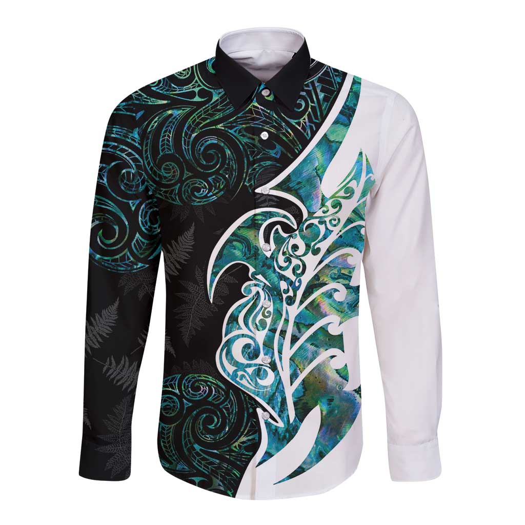 Proud Aotearoa Long Sleeve Button Shirt Maori Silver Fern Mix Paua Shell Pattern - Vibe Hoodie Shop