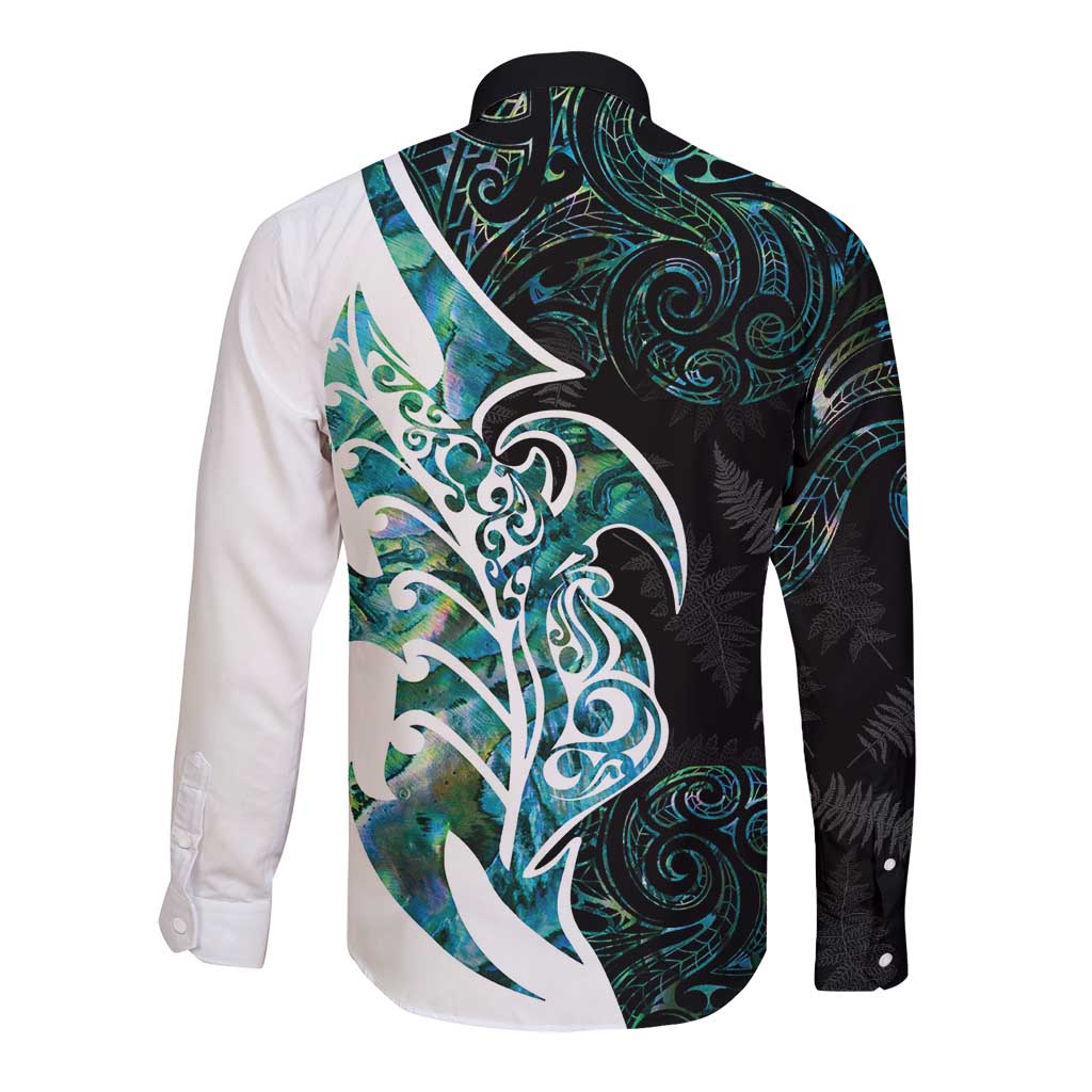 Proud Aotearoa Long Sleeve Button Shirt Maori Silver Fern Mix Paua Shell Pattern - Vibe Hoodie Shop