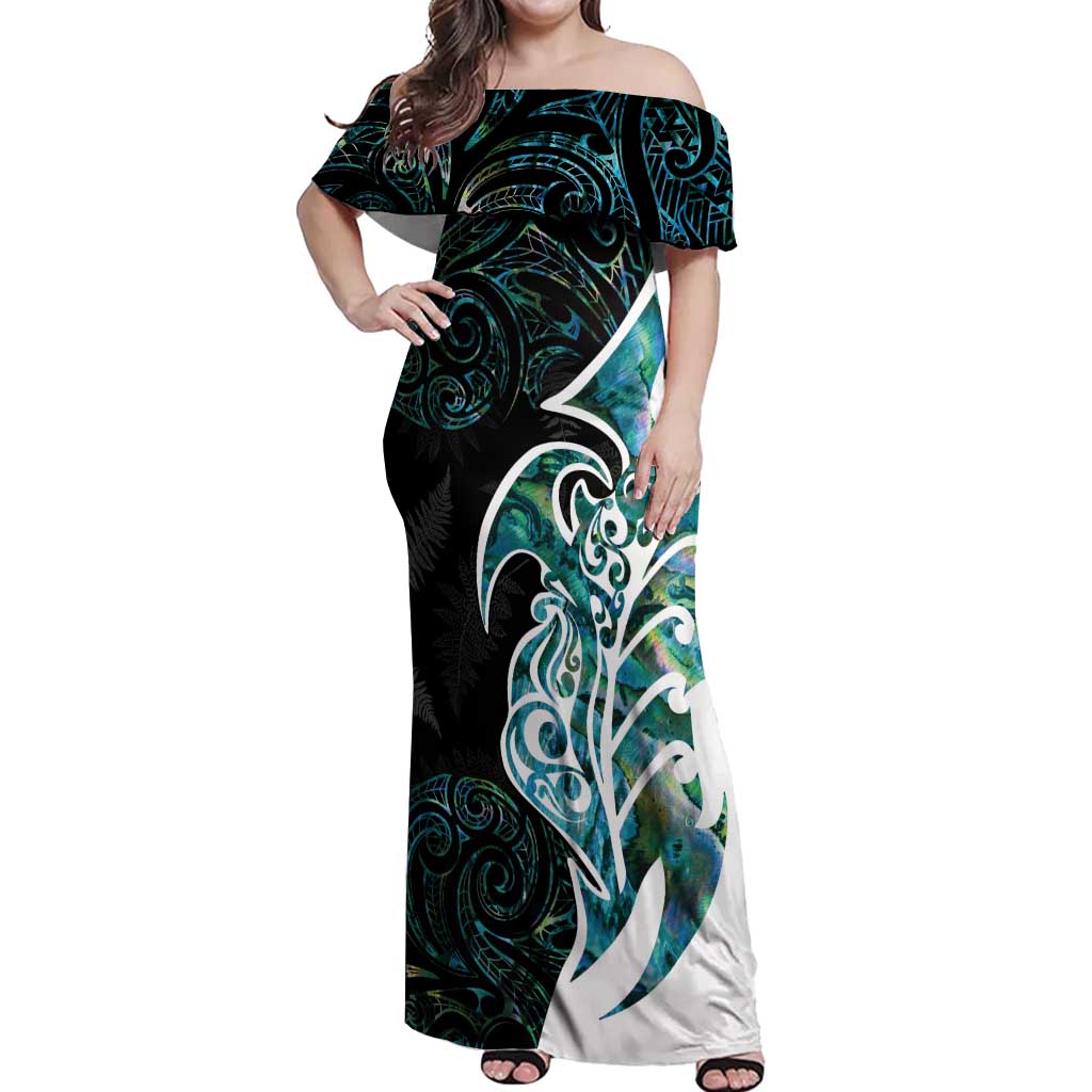 Proud Aotearoa Off Shoulder Maxi Dress Maori Silver Fern Mix Paua Shell Pattern