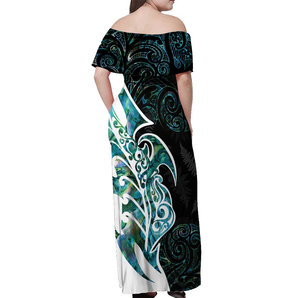 Proud Aotearoa Off Shoulder Maxi Dress Maori Silver Fern Mix Paua Shell Pattern