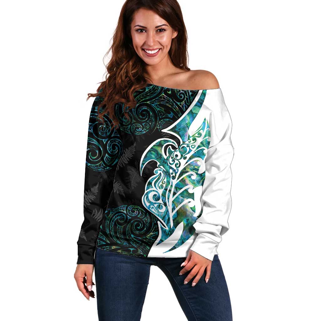 Proud Aotearoa Off Shoulder Sweater Maori Silver Fern Mix Paua Shell Pattern - Vibe Hoodie Shop