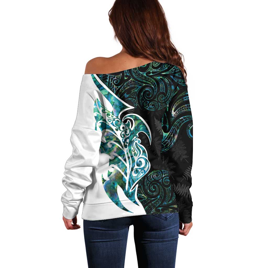 Proud Aotearoa Off Shoulder Sweater Maori Silver Fern Mix Paua Shell Pattern - Vibe Hoodie Shop