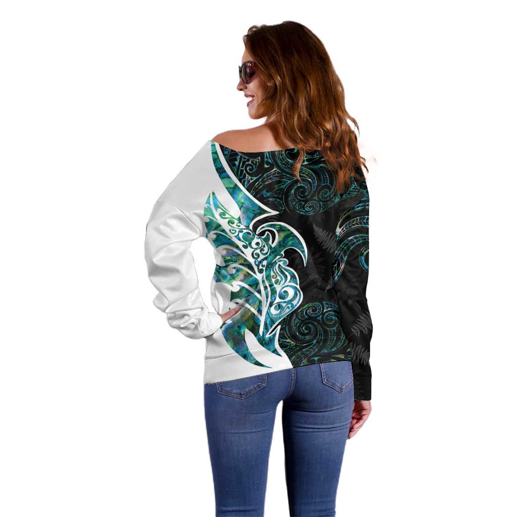 Proud Aotearoa Off Shoulder Sweater Maori Silver Fern Mix Paua Shell Pattern - Vibe Hoodie Shop