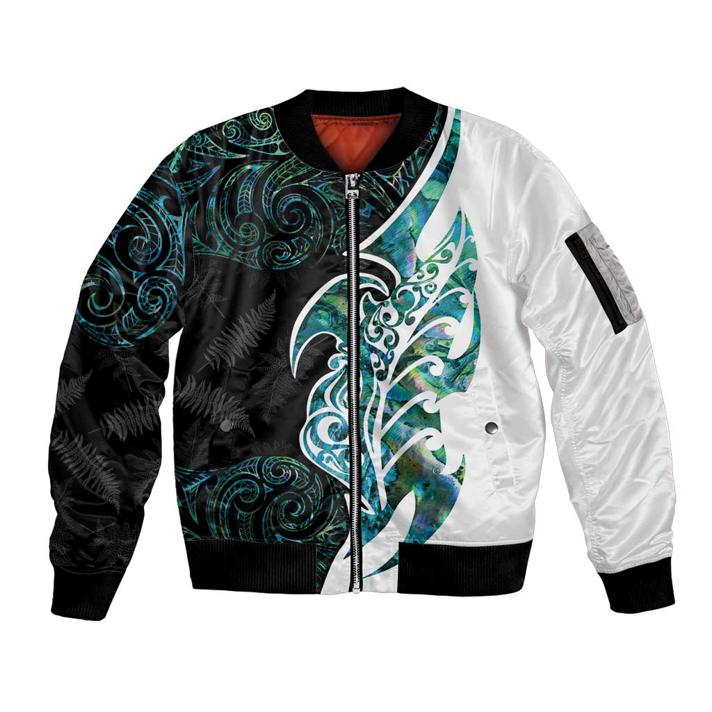 Proud Aotearoa Sleeve Zip Bomber Jacket Maori Silver Fern Mix Paua Shell Pattern