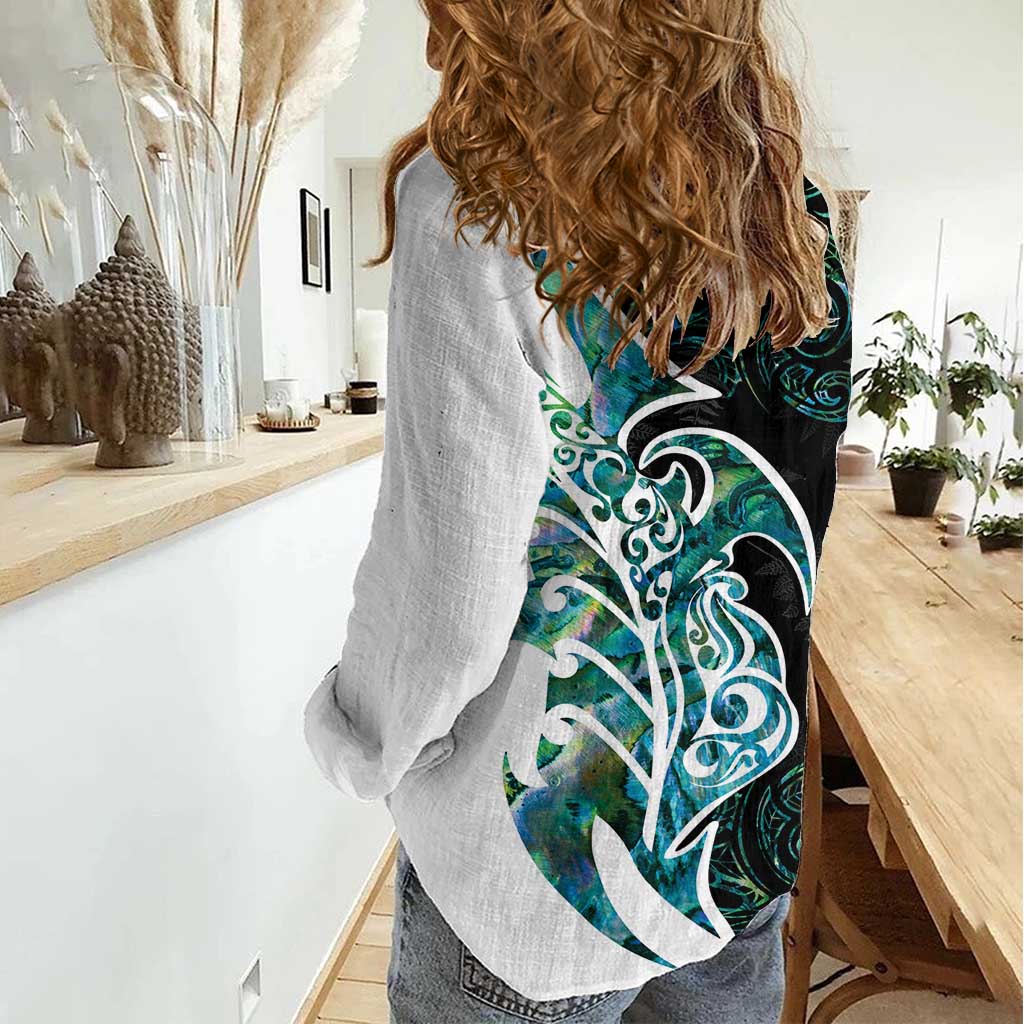 Proud Aotearoa Women Casual Shirt Maori Silver Fern Mix Paua Shell Pattern - Vibe Hoodie Shop