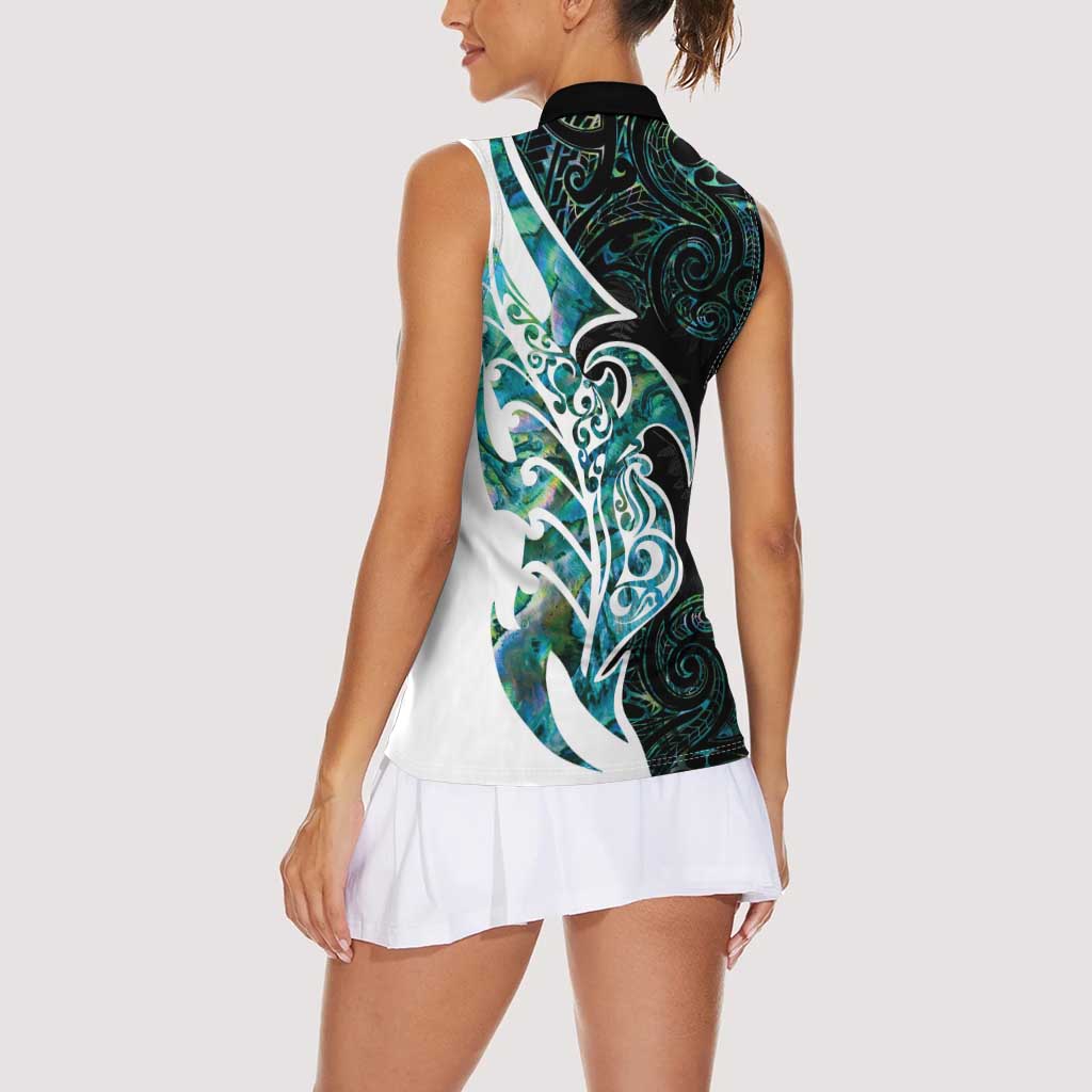 Proud Aotearoa Women Sleeveless Polo Shirt Maori Silver Fern Mix Paua Shell Pattern