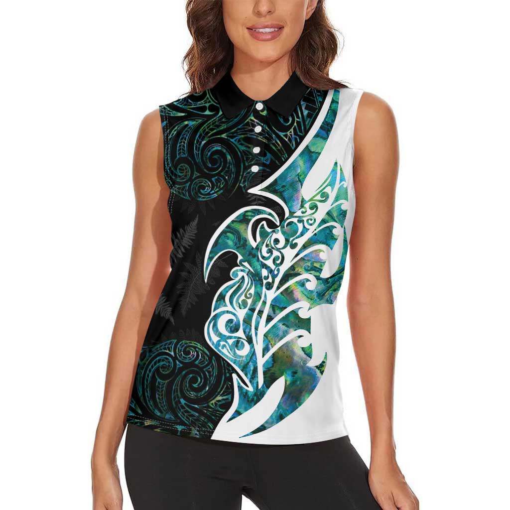 Proud Aotearoa Women Sleeveless Polo Shirt Maori Silver Fern Mix Paua Shell Pattern