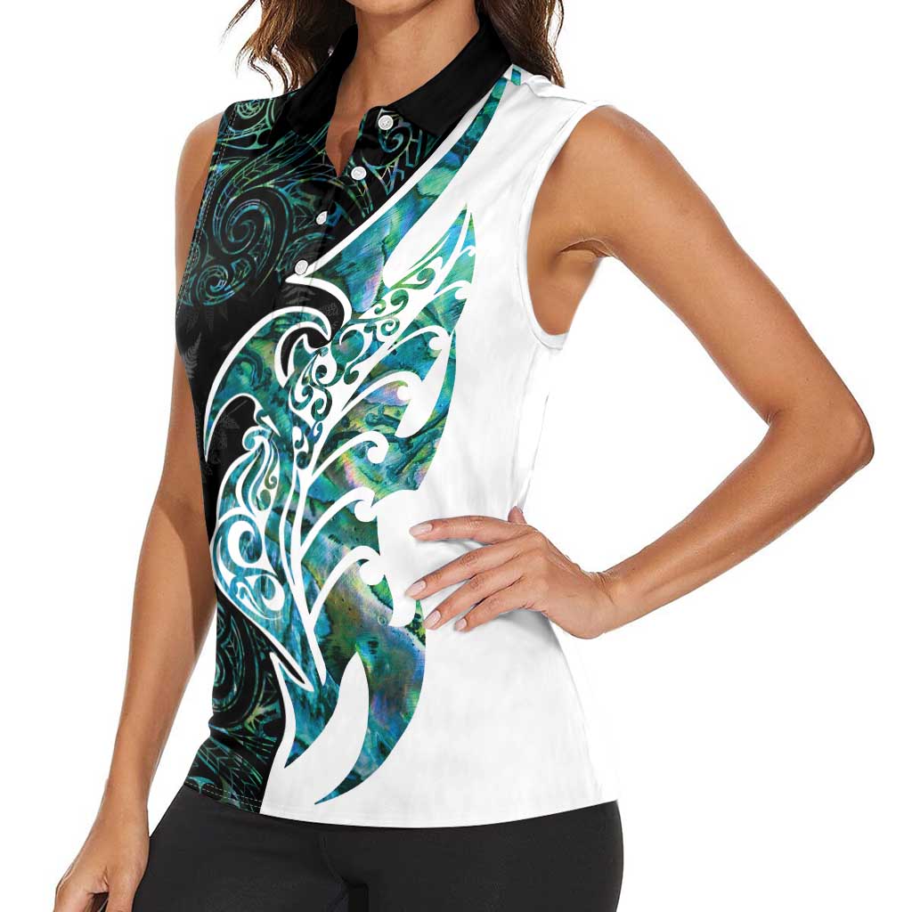 Proud Aotearoa Women Sleeveless Polo Shirt Maori Silver Fern Mix Paua Shell Pattern