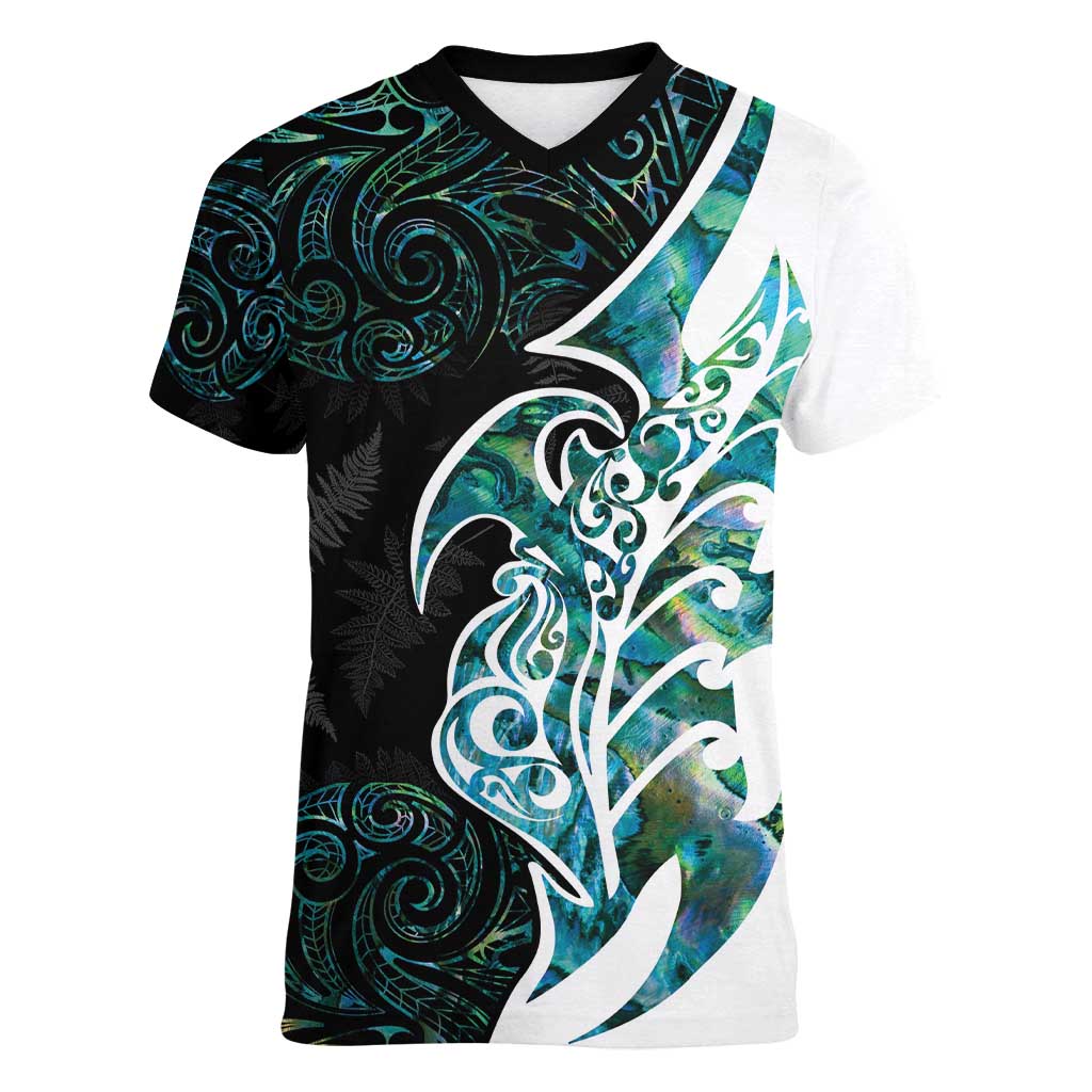 Proud Aotearoa Women V-Neck T-Shirt Maori Silver Fern Mix Paua Shell Pattern - Vibe Hoodie Shop