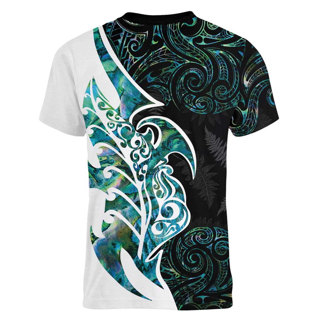 Proud Aotearoa Women V-Neck T-Shirt Maori Silver Fern Mix Paua Shell Pattern - Vibe Hoodie Shop