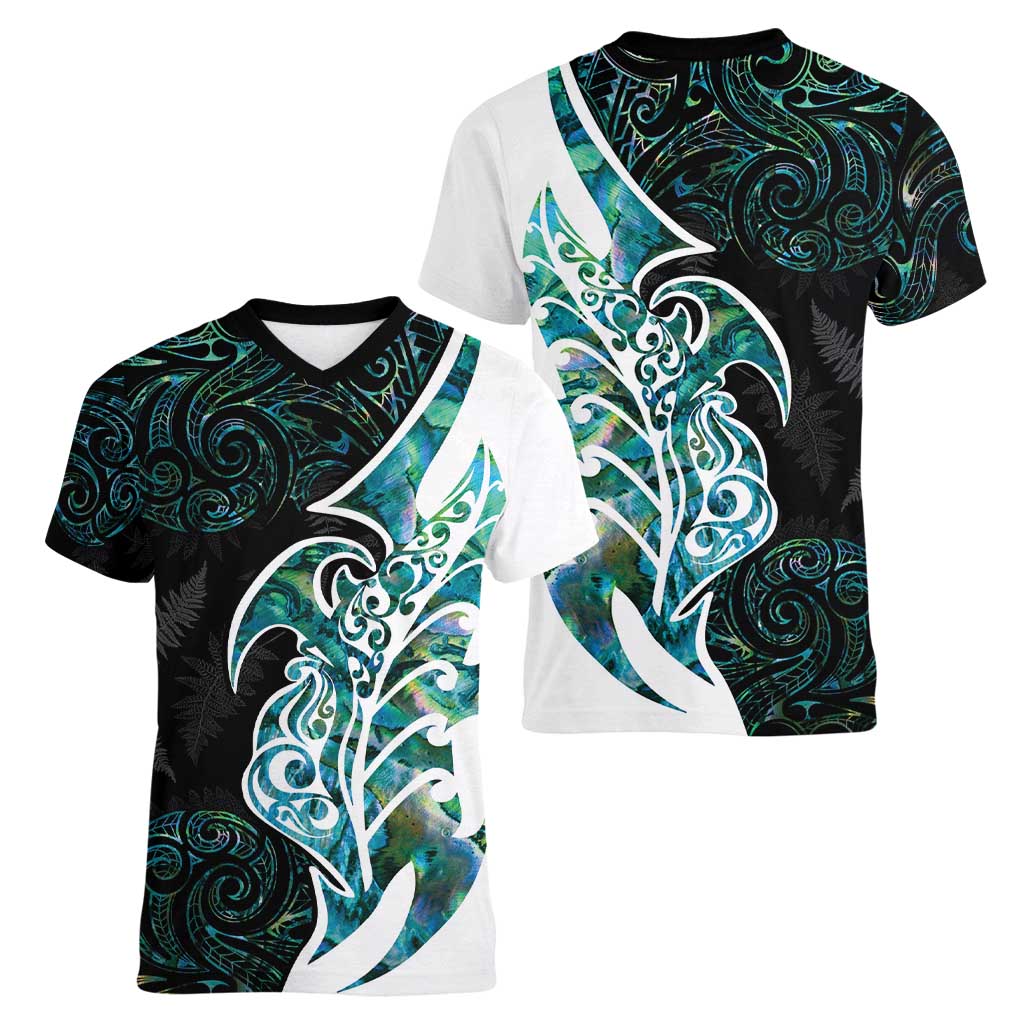 Proud Aotearoa Women V-Neck T-Shirt Maori Silver Fern Mix Paua Shell Pattern - Vibe Hoodie Shop