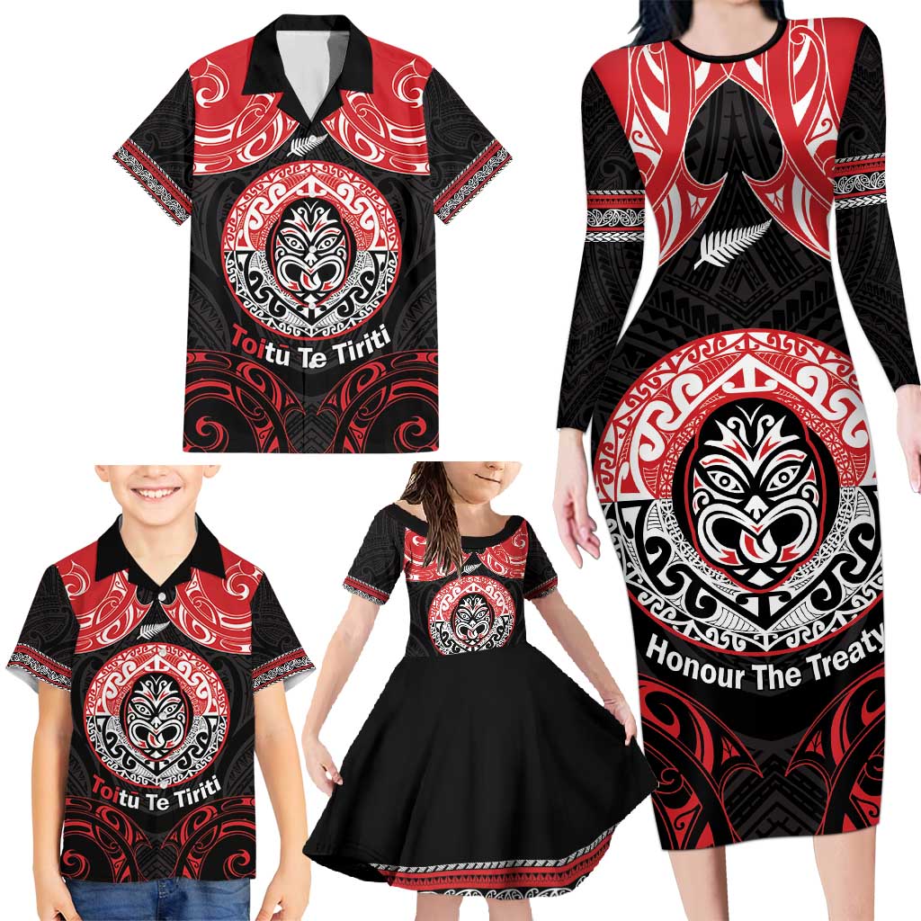 Aotearoa Toitu Te Tiriti Family Matching Long Sleeve Bodycon Dress and Hawaiian Shirt Haka Tiki Honour The Treaty