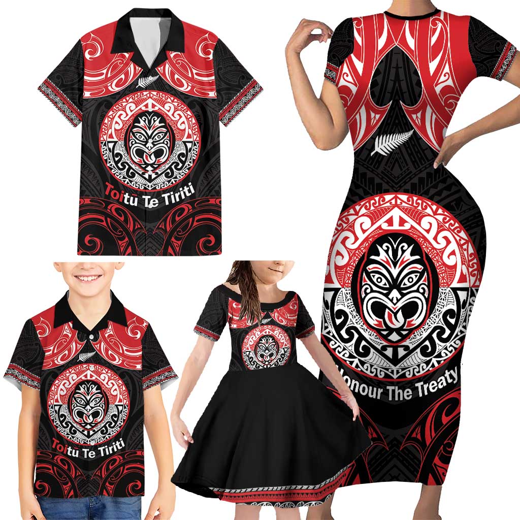 Aotearoa Toitu Te Tiriti Family Matching Short Sleeve Bodycon Dress and Hawaiian Shirt Haka Tiki Honour The Treaty