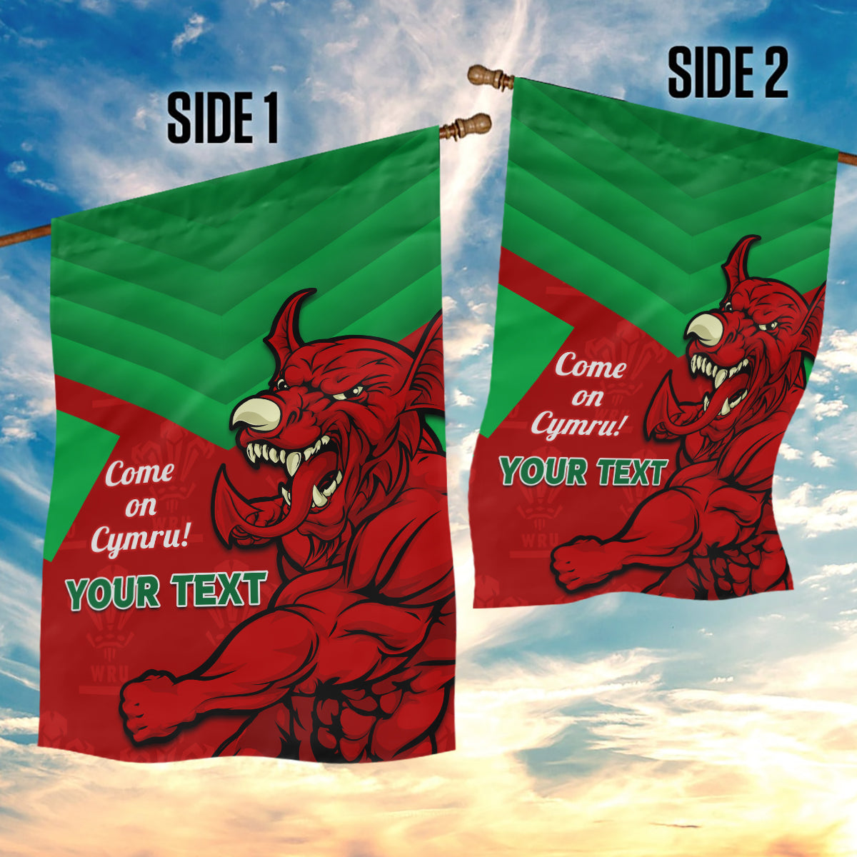 Custom Wales Rugby Garden Flag 2024 Six Nations Come On Cymru Mascot Sporty - Vibe Hoodie Shop