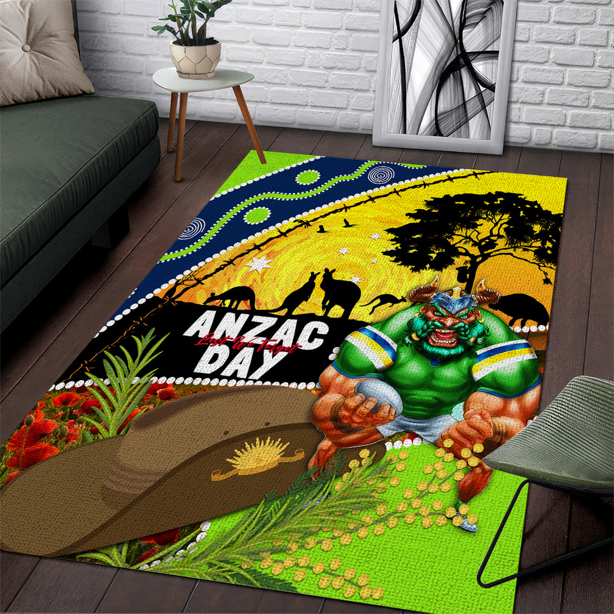 Raiders Rugby ANZAC Day Area Rug Green Machine Mascot Rosemary Starry Night - Vibe Hoodie Shop