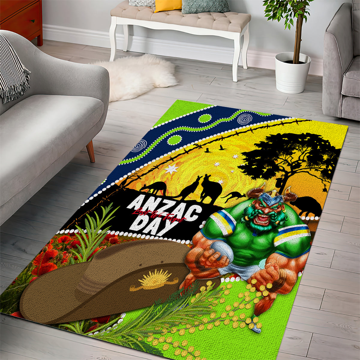 Raiders Rugby ANZAC Day Area Rug Green Machine Mascot Rosemary Starry Night - Vibe Hoodie Shop