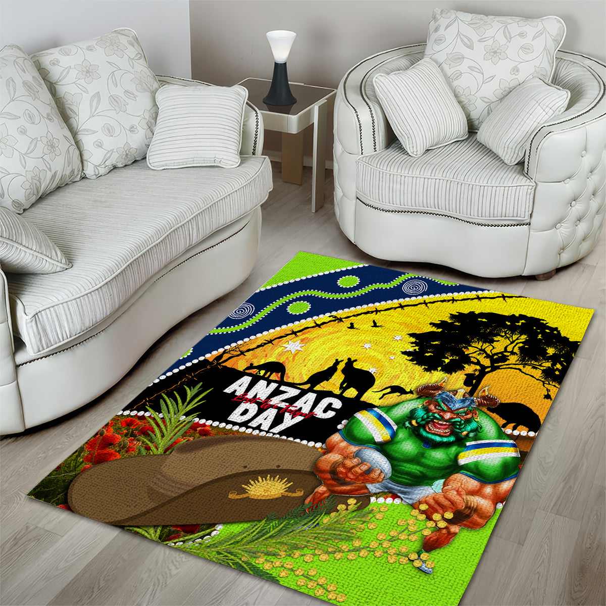 Raiders Rugby ANZAC Day Area Rug Green Machine Mascot Rosemary Starry Night - Vibe Hoodie Shop