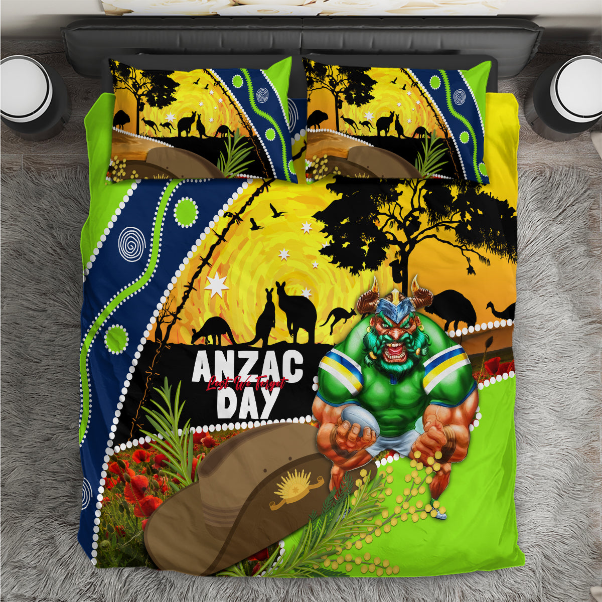 Raiders Rugby ANZAC Day Bedding Set Green Machine Mascot Rosemary Starry Night - Vibe Hoodie Shop