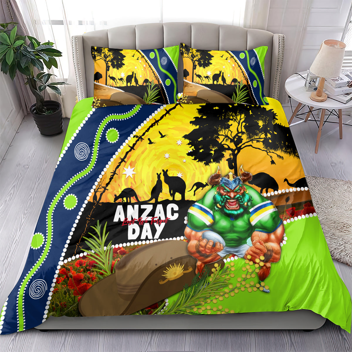Raiders Rugby ANZAC Day Bedding Set Green Machine Mascot Rosemary Starry Night - Vibe Hoodie Shop