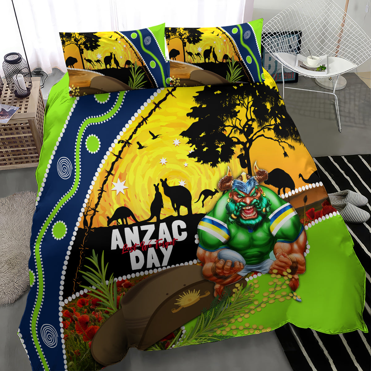 Raiders Rugby ANZAC Day Bedding Set Green Machine Mascot Rosemary Starry Night - Vibe Hoodie Shop