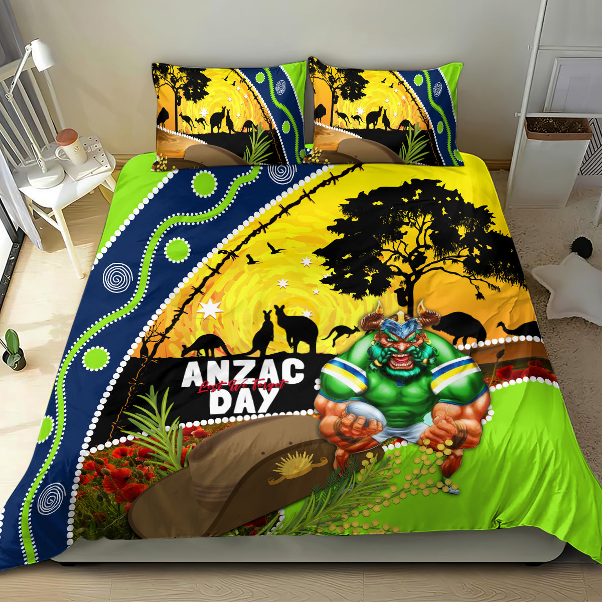 Raiders Rugby ANZAC Day Bedding Set Green Machine Mascot Rosemary Starry Night - Vibe Hoodie Shop