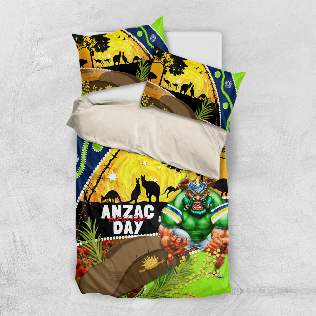 Raiders Rugby ANZAC Day Bedding Set Green Machine Mascot Rosemary Starry Night - Vibe Hoodie Shop