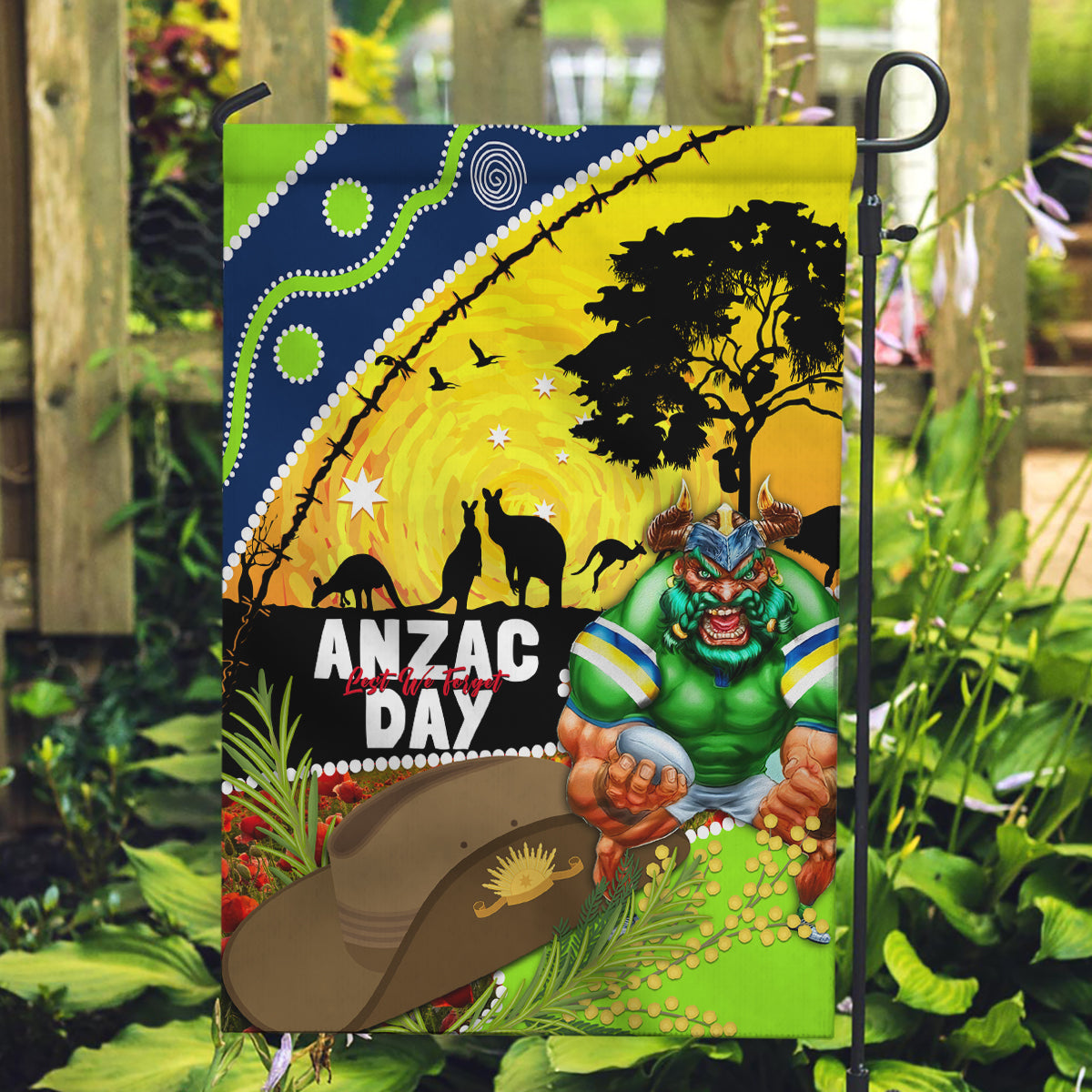 Raiders Rugby ANZAC Day Garden Flag Green Machine Mascot Rosemary Starry Night - Vibe Hoodie Shop