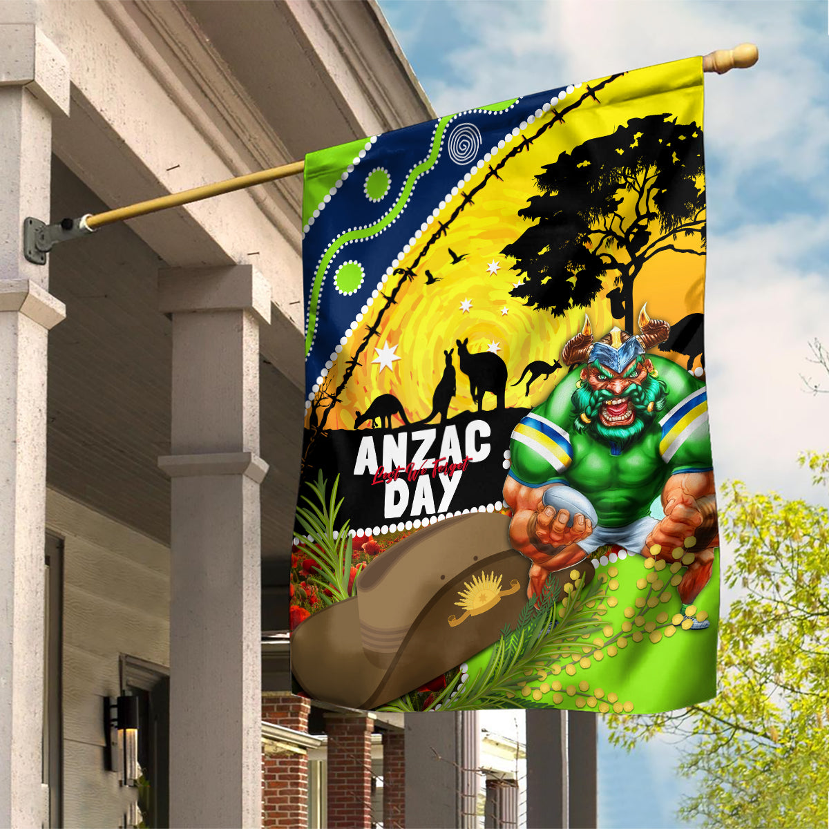 Raiders Rugby ANZAC Day Garden Flag Green Machine Mascot Rosemary Starry Night - Vibe Hoodie Shop