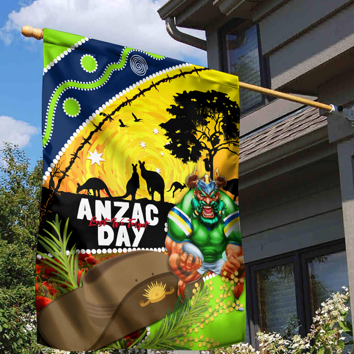 Raiders Rugby ANZAC Day Garden Flag Green Machine Mascot Rosemary Starry Night - Vibe Hoodie Shop