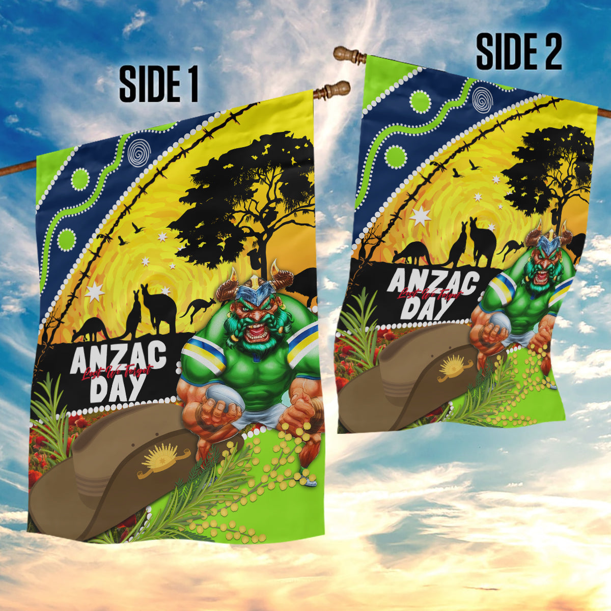 Raiders Rugby ANZAC Day Garden Flag Green Machine Mascot Rosemary Starry Night - Vibe Hoodie Shop