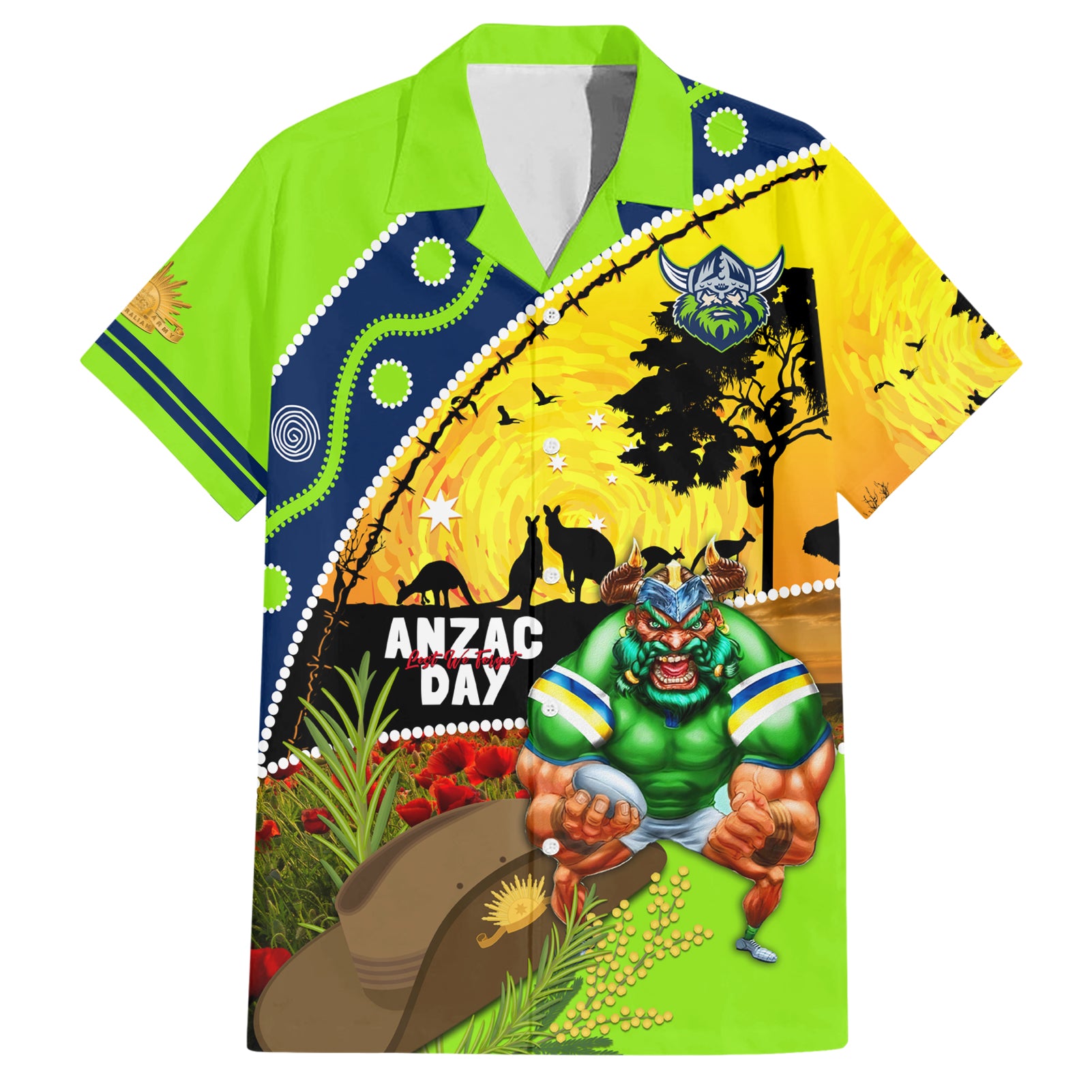 Raiders Rugby ANZAC Day Hawaiian Shirt Green Machine Mascot Rosemary Starry Night - Vibe Hoodie Shop