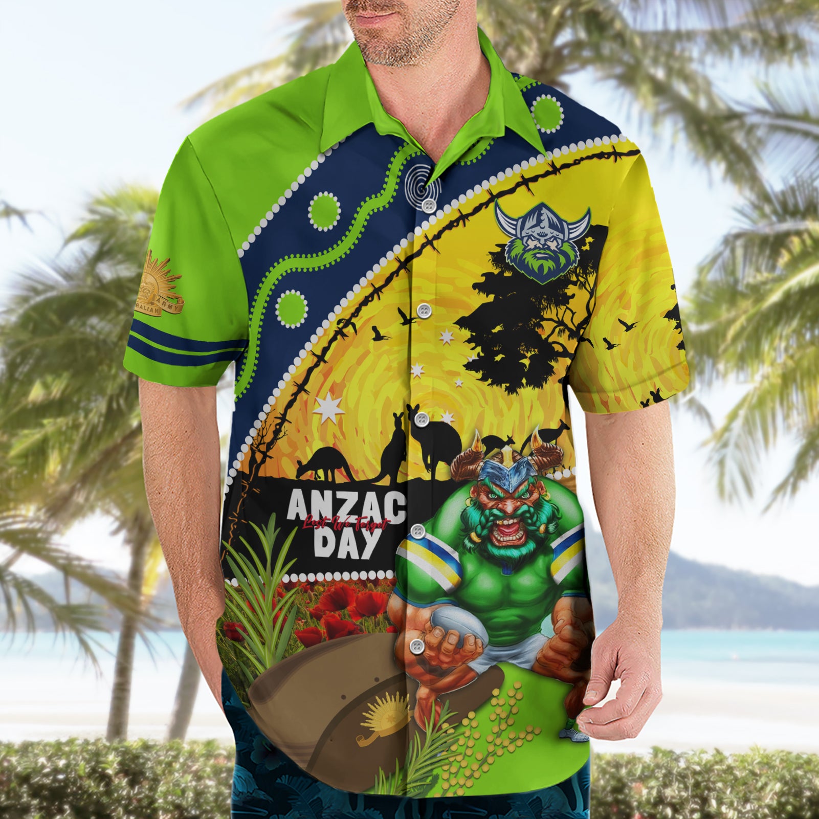 Raiders Rugby ANZAC Day Hawaiian Shirt Green Machine Mascot Rosemary Starry Night - Vibe Hoodie Shop