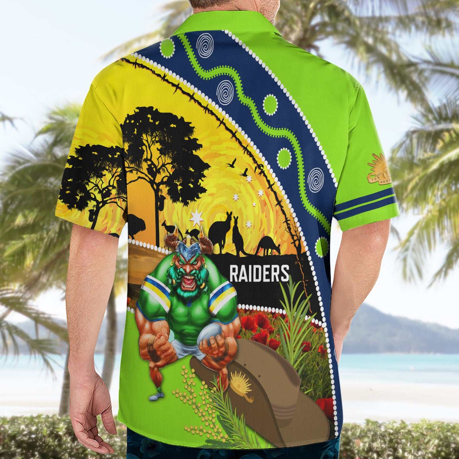 Raiders Rugby ANZAC Day Hawaiian Shirt Green Machine Mascot Rosemary Starry Night - Vibe Hoodie Shop