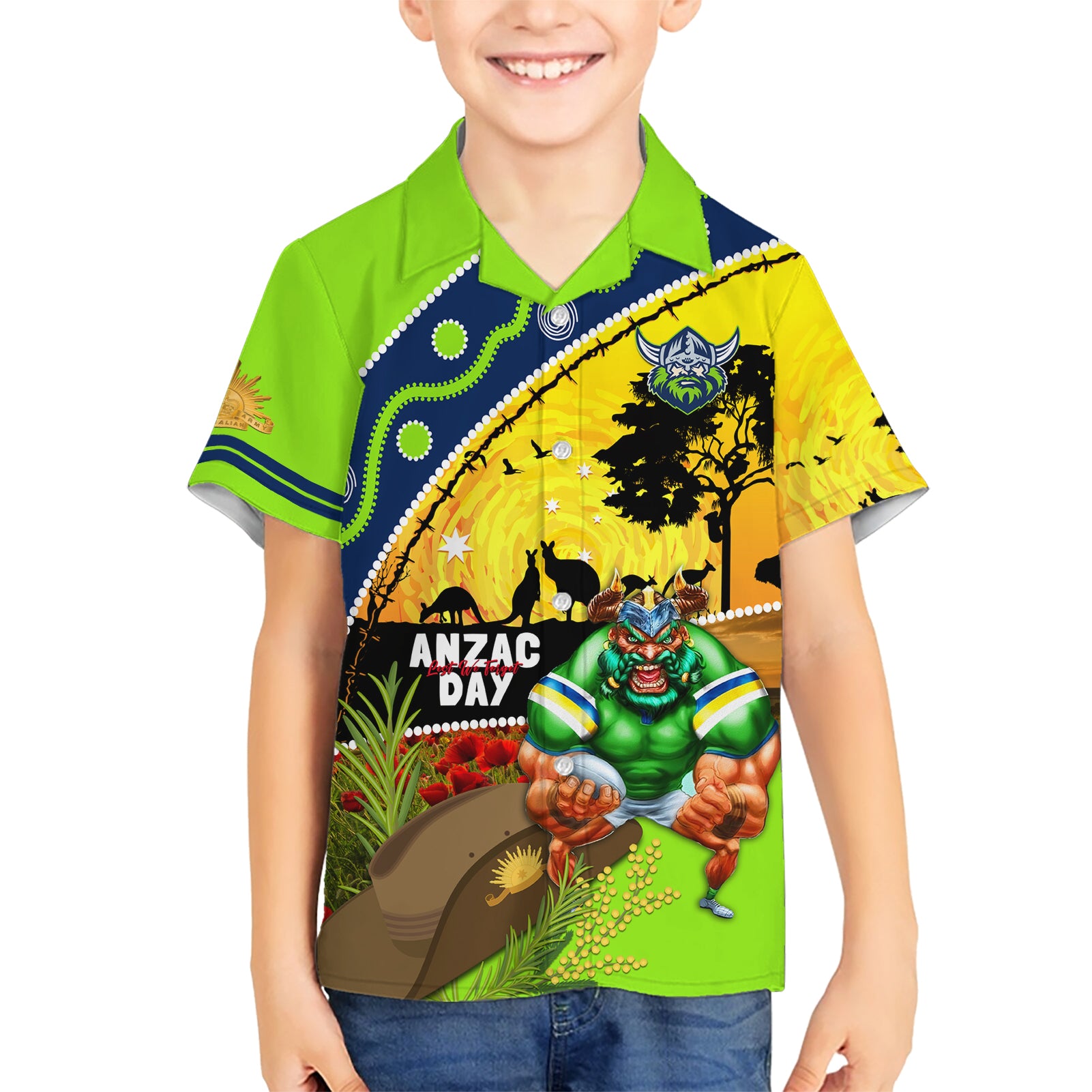 Raiders Rugby ANZAC Day Hawaiian Shirt Green Machine Mascot Rosemary Starry Night - Vibe Hoodie Shop