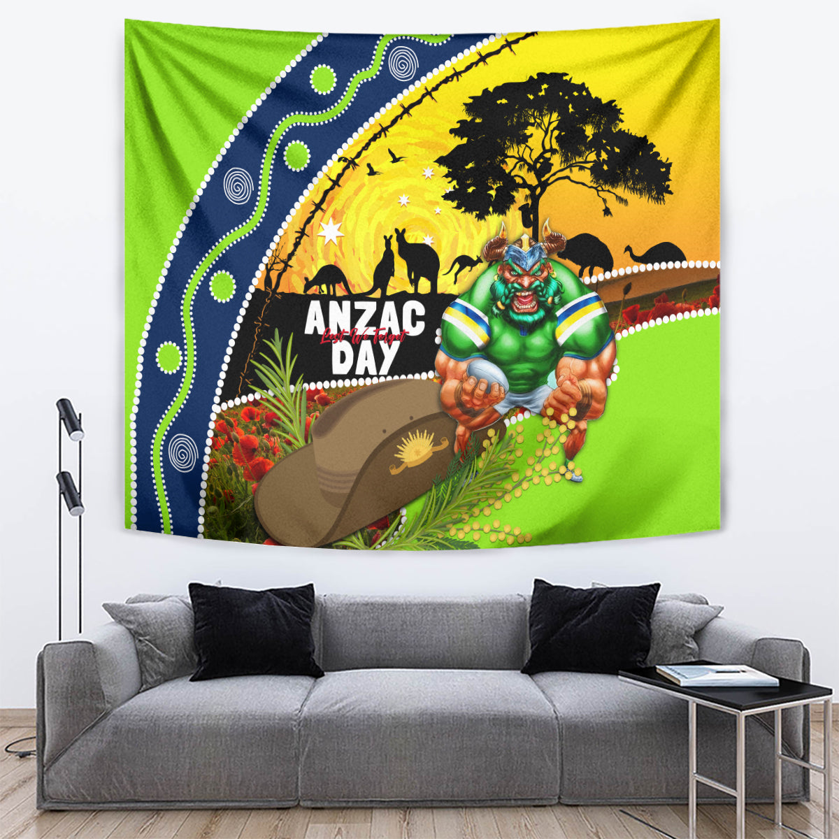 Raiders Rugby ANZAC Day Tapestry Green Machine Mascot Rosemary Starry Night - Vibe Hoodie Shop