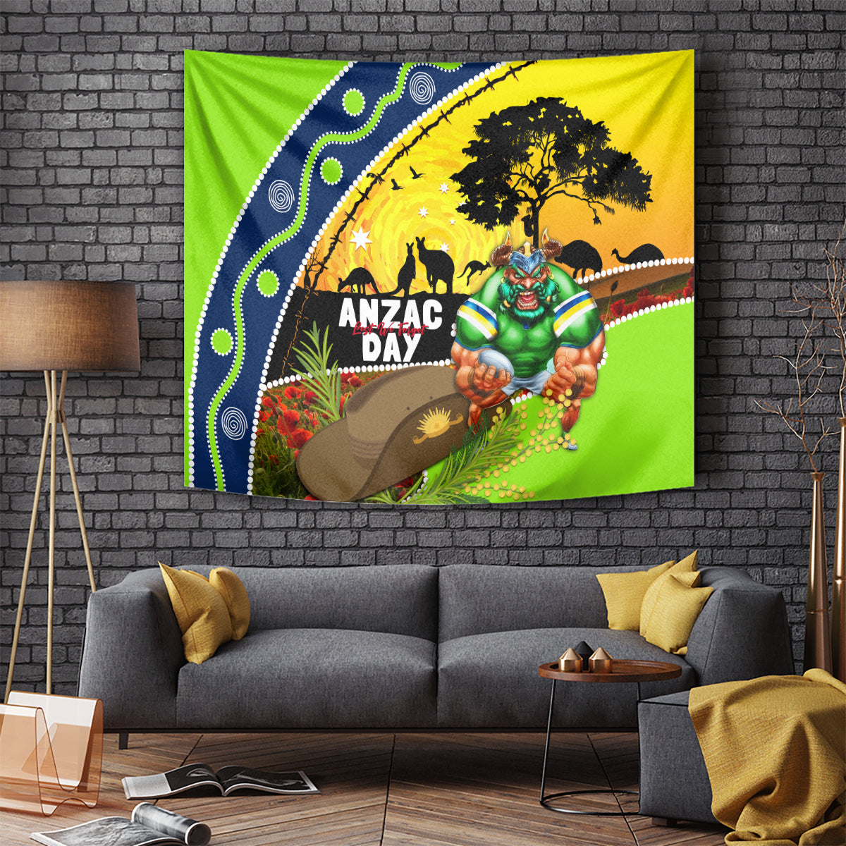 Raiders Rugby ANZAC Day Tapestry Green Machine Mascot Rosemary Starry Night - Vibe Hoodie Shop