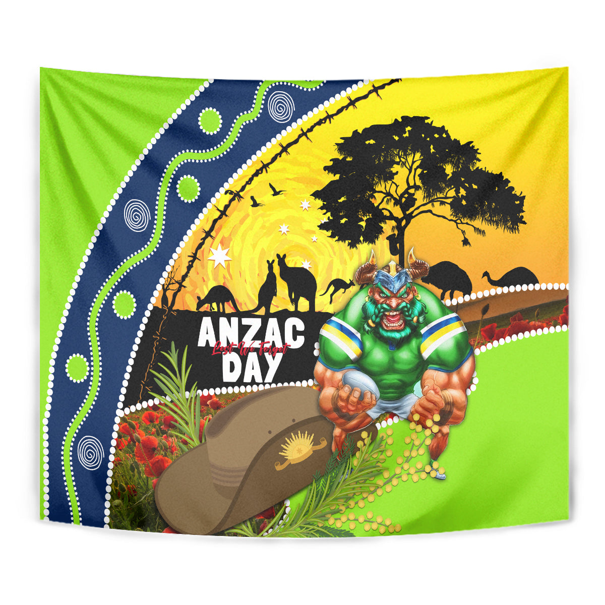 Raiders Rugby ANZAC Day Tapestry Green Machine Mascot Rosemary Starry Night - Vibe Hoodie Shop