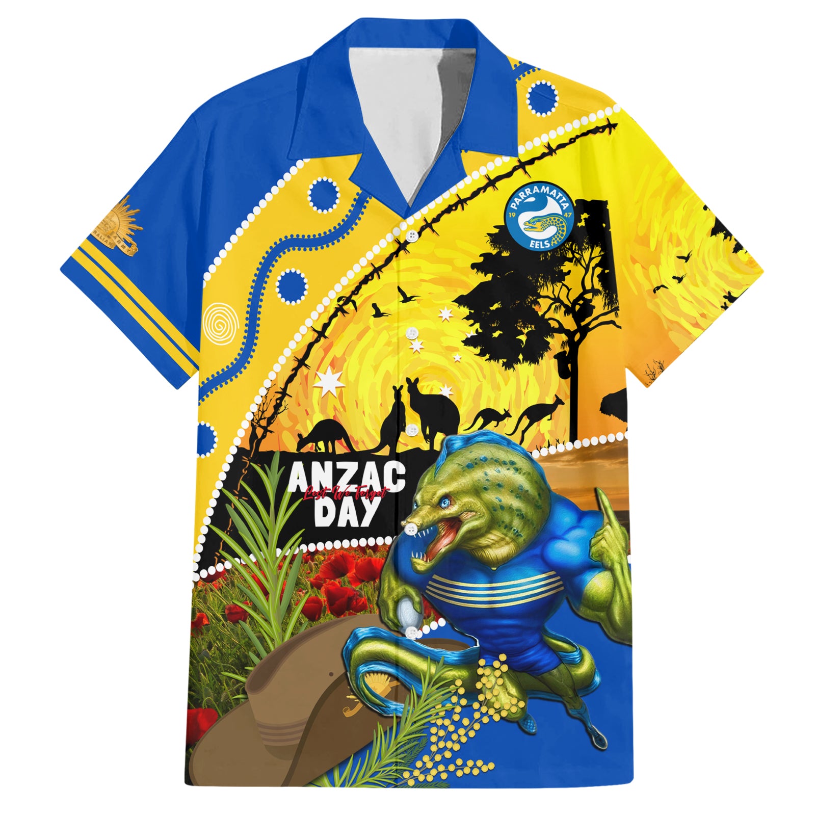 Eels Rugby ANZAC Day Hawaiian Shirt Parra Mascot Rosemary Starry Night - Vibe Hoodie Shop