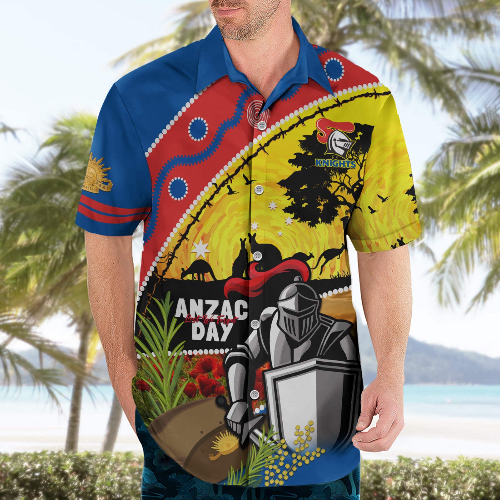 Knights Rugby ANZAC Day Hawaiian Shirt Novocastrians Mascot Rosemary Starry Night - Vibe Hoodie Shop