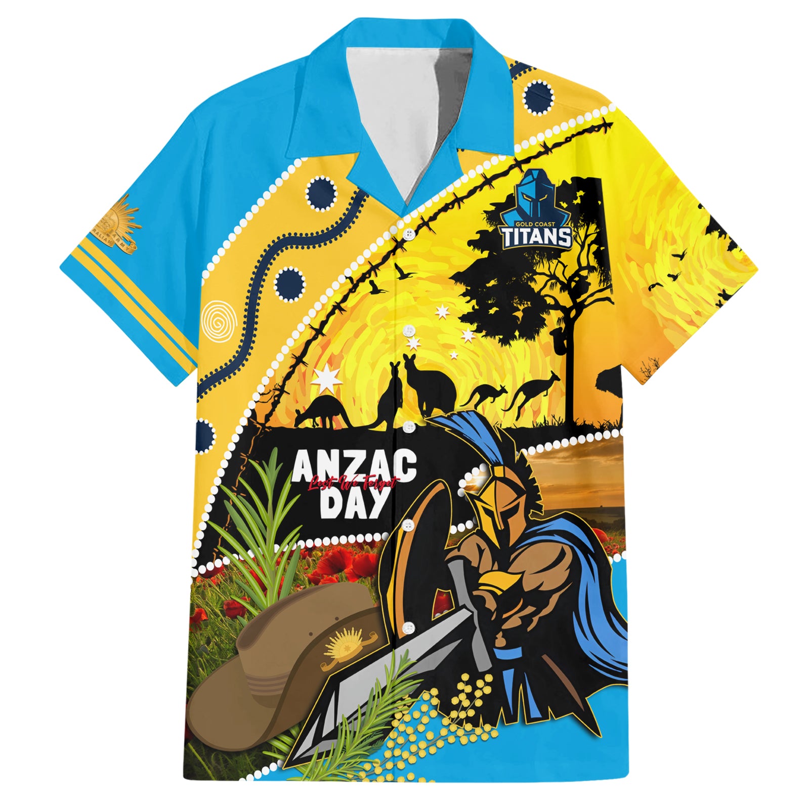 Titans Rugby ANZAC Day Hawaiian Shirt GLD Mascot Rosemary Starry Night - Vibe Hoodie Shop