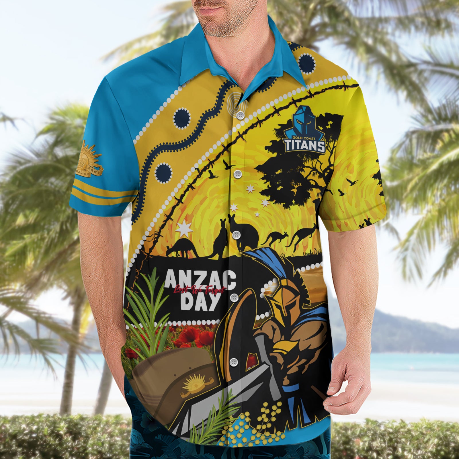 Titans Rugby ANZAC Day Hawaiian Shirt GLD Mascot Rosemary Starry Night - Vibe Hoodie Shop