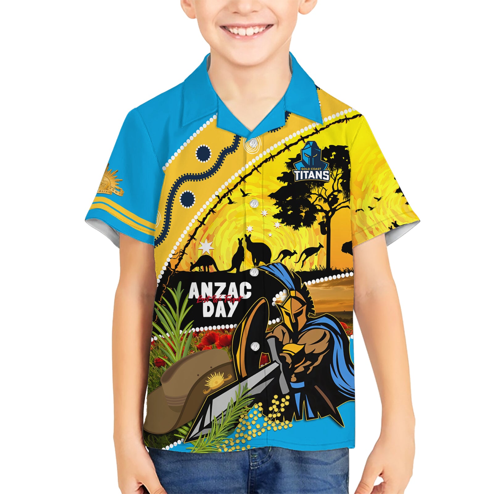 Titans Rugby ANZAC Day Hawaiian Shirt GLD Mascot Rosemary Starry Night - Vibe Hoodie Shop