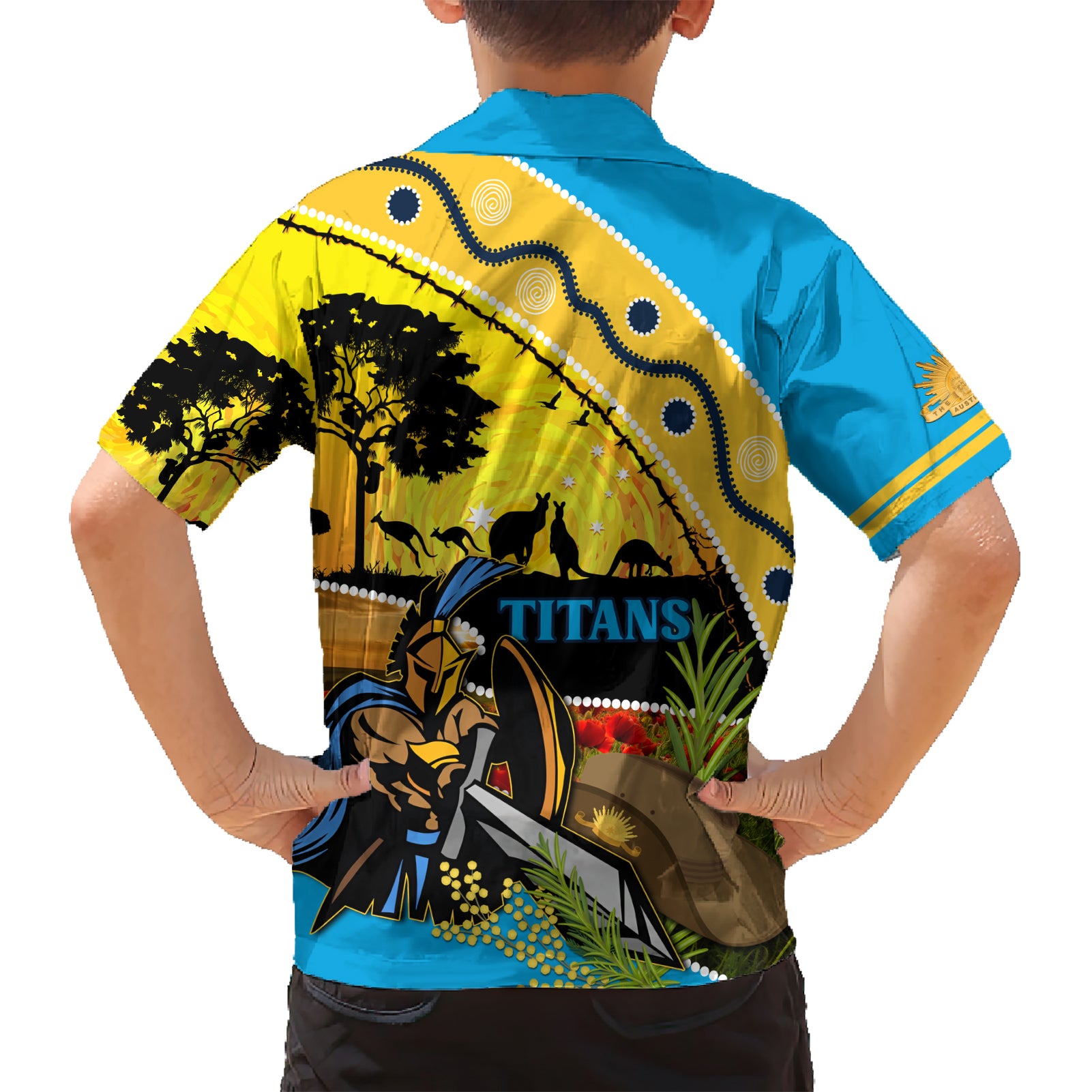 Titans Rugby ANZAC Day Hawaiian Shirt GLD Mascot Rosemary Starry Night - Vibe Hoodie Shop