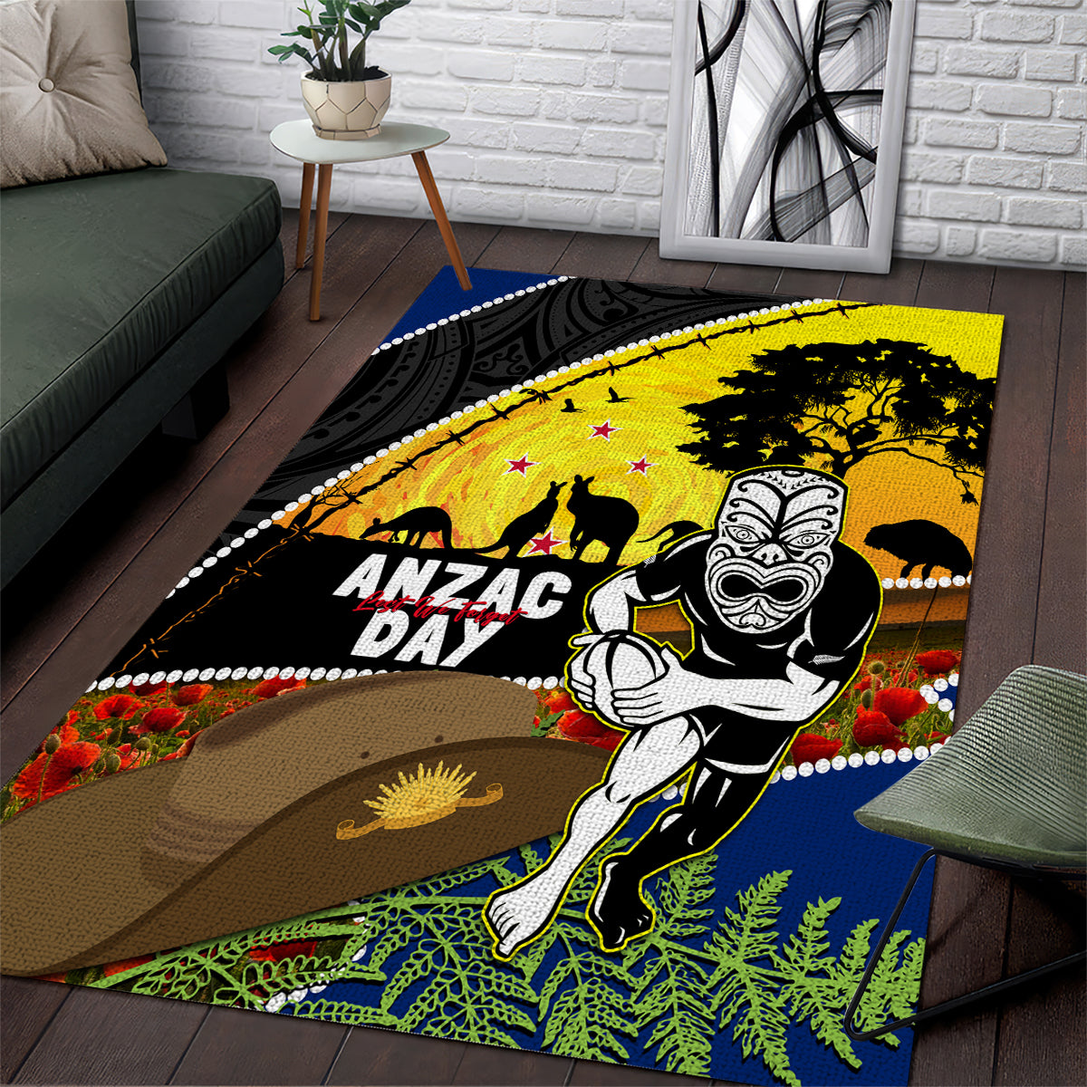 Warriors Rugby ANZAC Day Area Rug New Zealand Wahs Tiki Mascot Rosemary Starry Night - Vibe Hoodie Shop